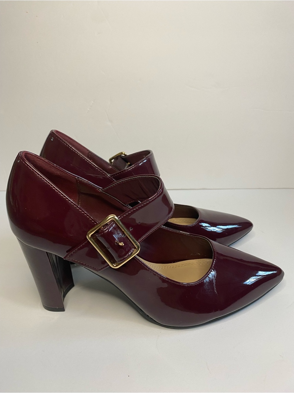 Patent Leather Mary Jane Pumps in Burgundy with Gold Buckle